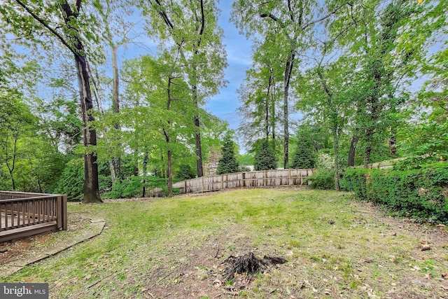 view of yard with a wooden deck and fence