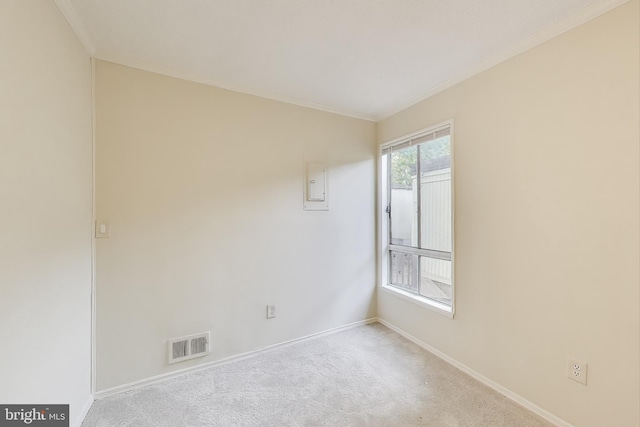 spare room with ornamental molding, baseboards, carpet flooring, and electric panel