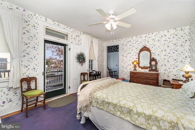 bedroom with a ceiling fan, baseboards, access to outside, and wallpapered walls