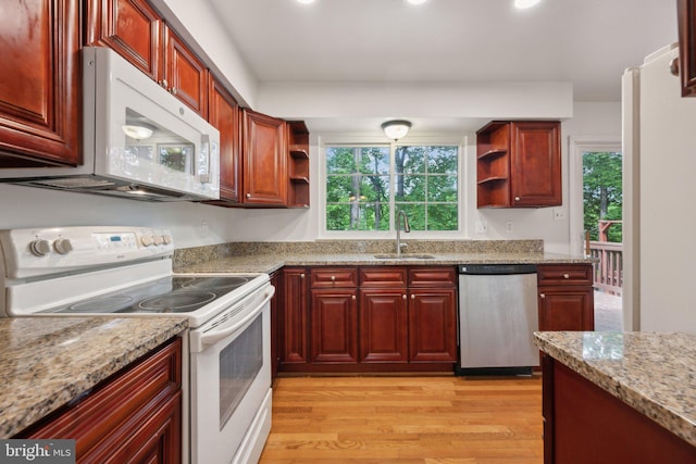 2327 London Bridge Dr, Silver Spring, MD 20906 - kitchen featuring white appliances, open shelves, a sink, light wood-type flooring, and recessed lighting