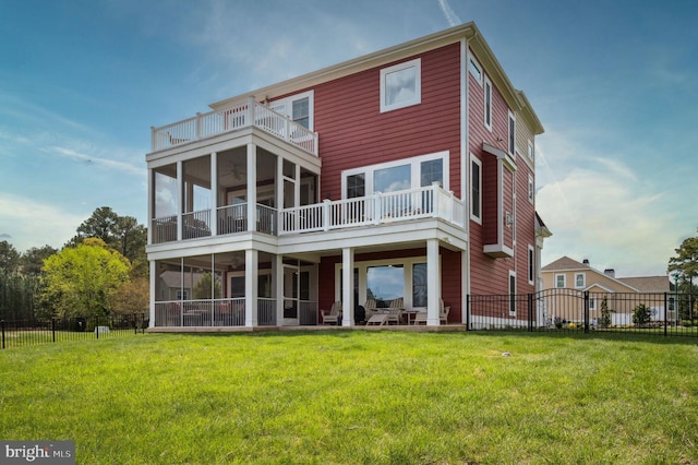 23336 Horse Island Rd, Lewes, DE 19958 - back of house featuring a lawn, a sunroom, ceiling fan, and a balcony
