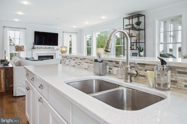 23336 Horse Island Rd, Lewes, DE 19958 - kitchen featuring a sink, ornamental molding, backsplash, and light stone countertops