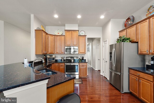 1300 Amedoro Ct, Abingdon, MD 21009 - kitchen featuring appliances with stainless steel finishes, a sink, dark wood-style floors, a peninsula, and dark stone countertops