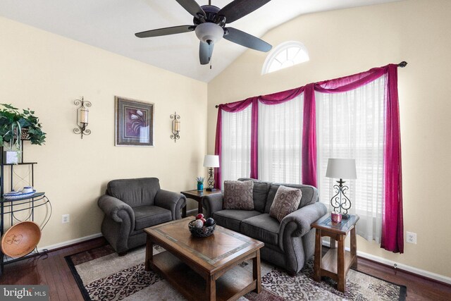 1300 Amedoro Ct, Abingdon, MD 21009 - living area featuring vaulted ceiling, wood finished floors, baseboards, and a ceiling fan