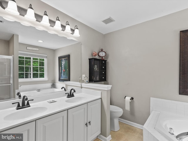 33759 Bay Ridge Ln, Lewes, DE 19958 - full bathroom with a garden tub, toilet, tile patterned floors, double vanity, and a shower with shower door