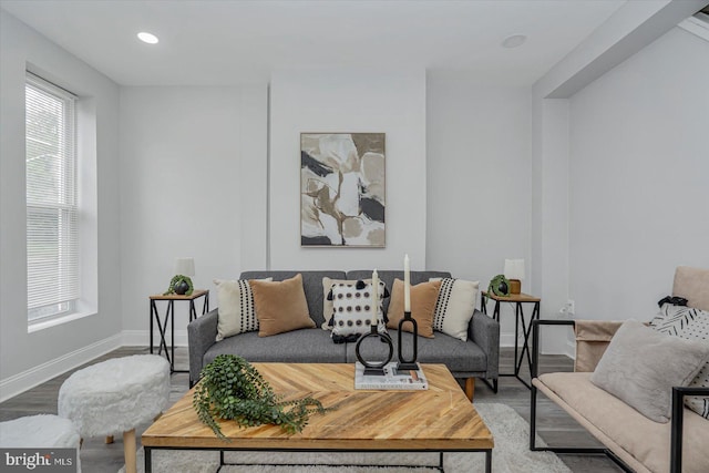 living area featuring wood finished floors, plenty of natural light, baseboards, and recessed lighting