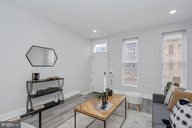 living room featuring wood finished floors, baseboards, and recessed lighting
