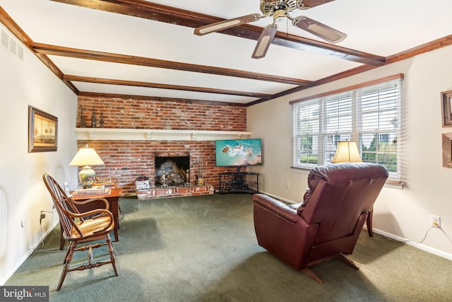 living room featuring carpet flooring, beam ceiling, ceiling fan, baseboards, and a brick fireplace