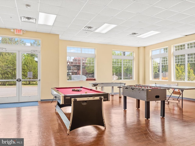 206 Village Center Blvd, Milton, DE 19968 - game room with hardwood / wood-style flooring, a paneled ceiling, billiards, french doors, and baseboards