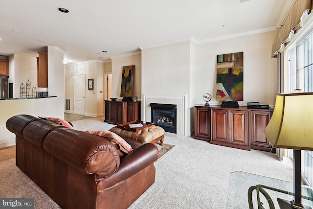 6000 Same Voyage Way Unit 307, Clarksville, MD 21029 - living area with light colored carpet, crown molding, a glass covered fireplace, and baseboards