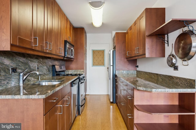 1900 Lyttonsville Rd Unit 1017, Silver Spring, MD 20910 - kitchen with a sink, open shelves, decorative backsplash, brown cabinets, and appliances with stainless steel finishes