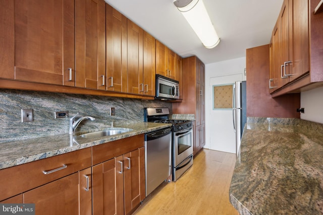 1900 Lyttonsville Rd Unit 1017, Silver Spring, MD 20910 - kitchen with a sink, dark stone countertops, brown cabinets, decorative backsplash, and appliances with stainless steel finishes