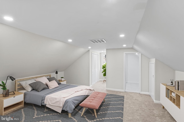5004 Barnaby Ln, Oxon Hill, MD 20745 - carpeted bedroom with visible vents, baseboards, lofted ceiling, and recessed lighting