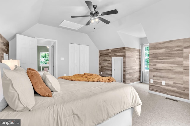 4152 Windy Hills Ln, King George, VA 22485 - bedroom with lofted ceiling, carpet floors, a ceiling fan, a closet, and baseboards