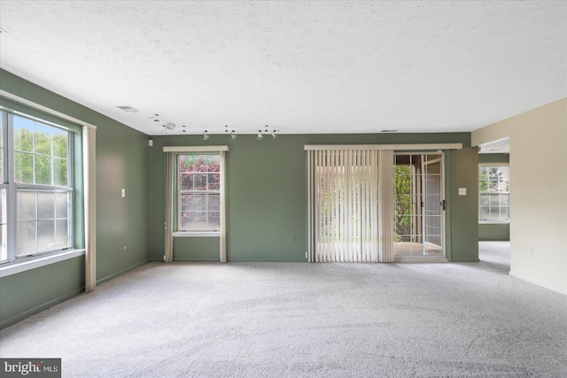 empty room featuring a textured ceiling, a wealth of natural light, and carpet floors