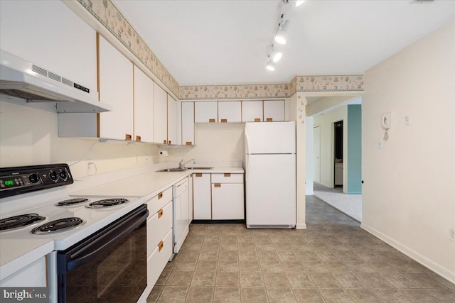 kitchen featuring a sink, white cabinetry, white appliances, under cabinet range hood, and light countertops