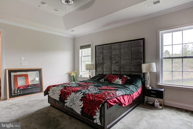 4902 Bridle Ridge Rd, Upper Marlboro, MD 20772 - bedroom featuring baseboards, ornamental molding, visible vents, a raised ceiling, and carpet floors
