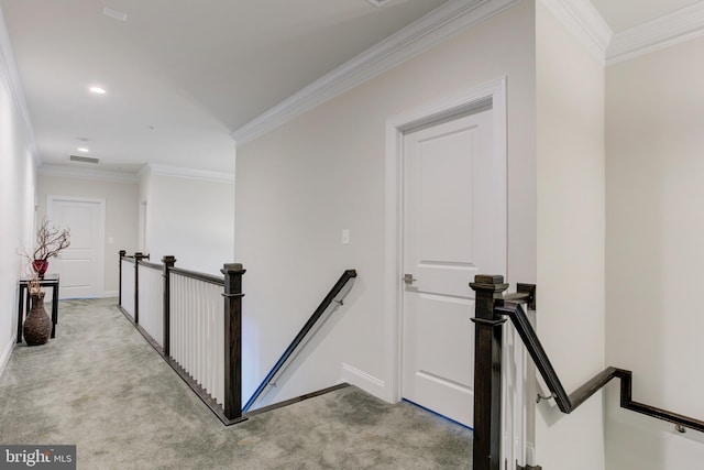 4902 Bridle Ridge Rd, Upper Marlboro, MD 20772 - hallway with carpet flooring, crown molding, an upstairs landing, and recessed lighting