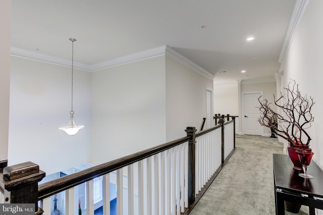 4902 Bridle Ridge Rd, Upper Marlboro, MD 20772 - corridor with ornamental molding, light carpet, an upstairs landing, and recessed lighting
