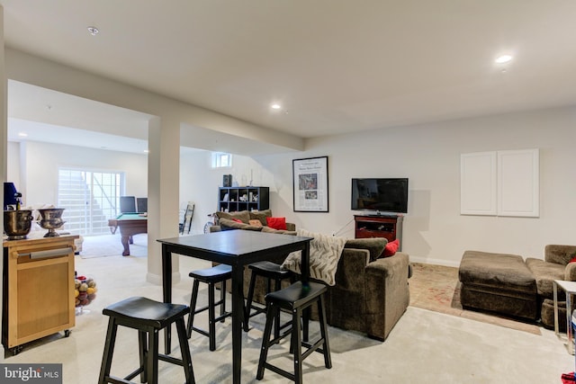 4902 Bridle Ridge Rd, Upper Marlboro, MD 20772 - living room with billiards, light carpet, baseboards, and recessed lighting