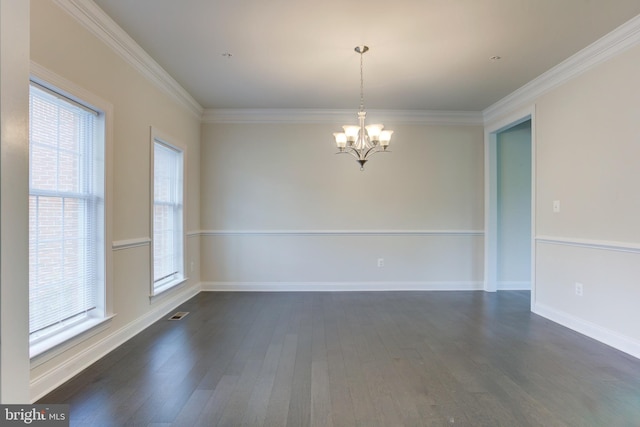 4902 Bridle Ridge Rd, Upper Marlboro, MD 20772 - unfurnished room featuring dark wood finished floors, baseboards, ornamental molding, and a notable chandelier