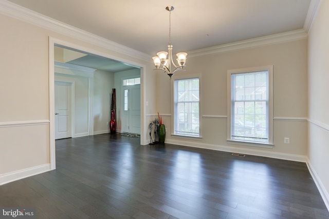 4902 Bridle Ridge Rd, Upper Marlboro, MD 20772 - empty room with a chandelier, crown molding, visible vents, and dark wood finished floors