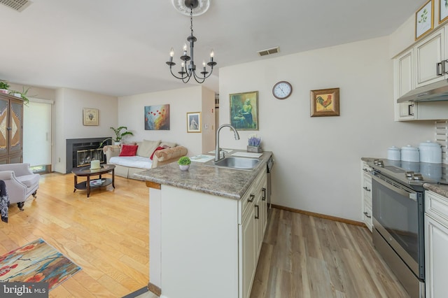 kitchen featuring stainless steel electric range, under cabinet range hood, a sink, and open floor plan