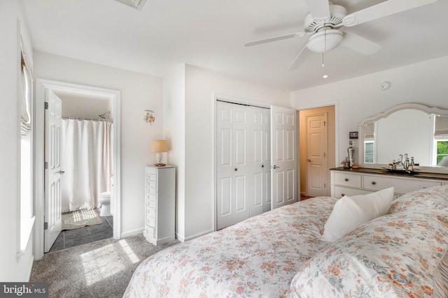 32469 Approach Way Unit 3296, Millsboro, DE 19966 - bedroom with a closet, carpet floors, baseboards, ceiling fan, and ensuite bath