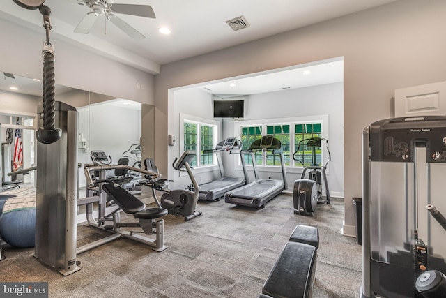32469 Approach Way Unit 3296, Millsboro, DE 19966 - workout area featuring recessed lighting, carpet flooring, visible vents, and ceiling fan
