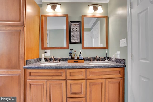 full bathroom with double vanity, crown molding, and a sink