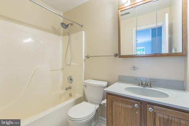 full bathroom with toilet, shower / bath combination, vanity, and visible vents