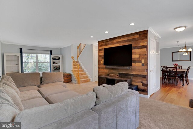 living room with recessed lighting, baseboards, crown molding, stairway, and light colored carpet