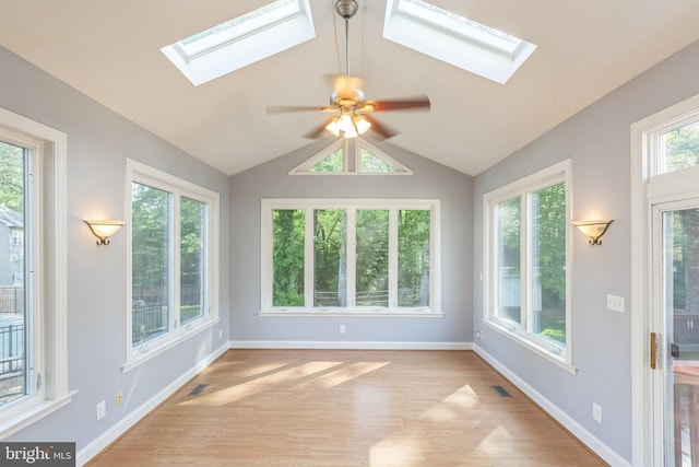 unfurnished sunroom featuring a skylight and visible vents