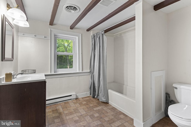 bathroom with toilet, beamed ceiling, baseboard heating, and visible vents