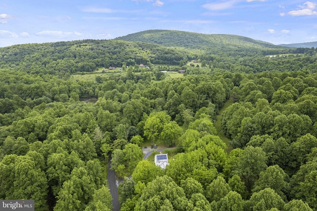 birds eye view of property with a mountain view and a wooded view