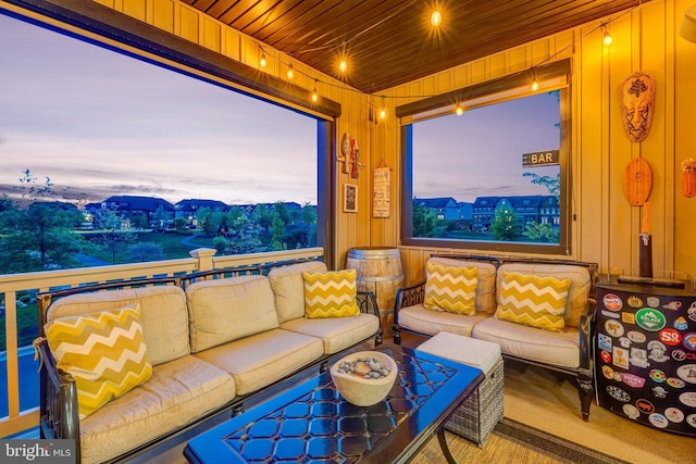 living room with wooden ceiling