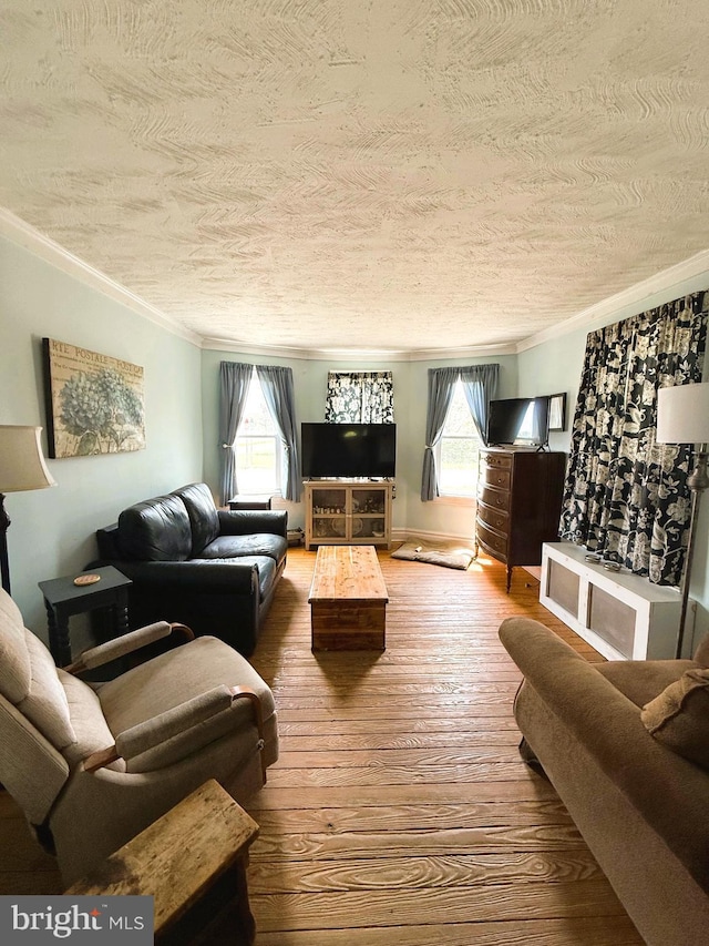 living area featuring crown molding, a textured ceiling, and hardwood / wood-style flooring