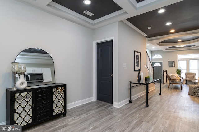 1907 E Lafayette Ave, Baltimore, MD 21213 - interior space with ornamental molding, visible vents, coffered ceiling, and wood finished floors