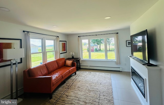 481 Laudermilch Rd, Hershey, PA 17033 - tiled living room with baseboard heating, healthy amount of natural light, recessed lighting, and baseboards