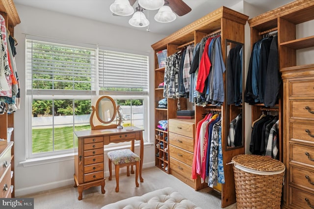 walk in closet with light colored carpet