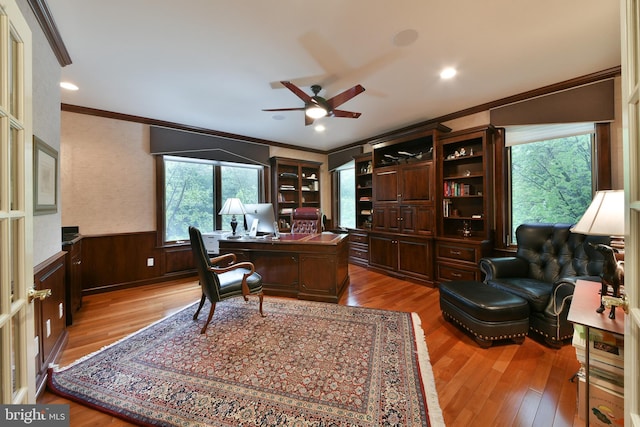1389 Lamplighter Cir, Gwynedd, PA 19436 - office area featuring crown molding, a ceiling fan, light wood finished floors, and wainscoting