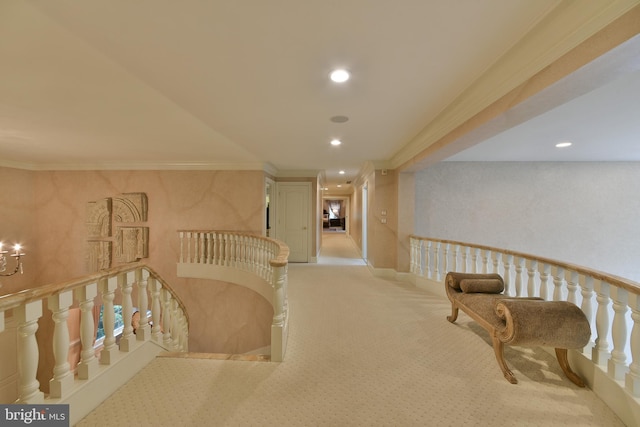 1389 Lamplighter Cir, Gwynedd, PA 19436 - hallway with light carpet, recessed lighting, crown molding, an upstairs landing, and baseboards