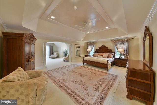 1389 Lamplighter Cir, Gwynedd, PA 19436 - carpeted bedroom featuring multiple windows, a raised ceiling, crown molding, arched walkways, and recessed lighting