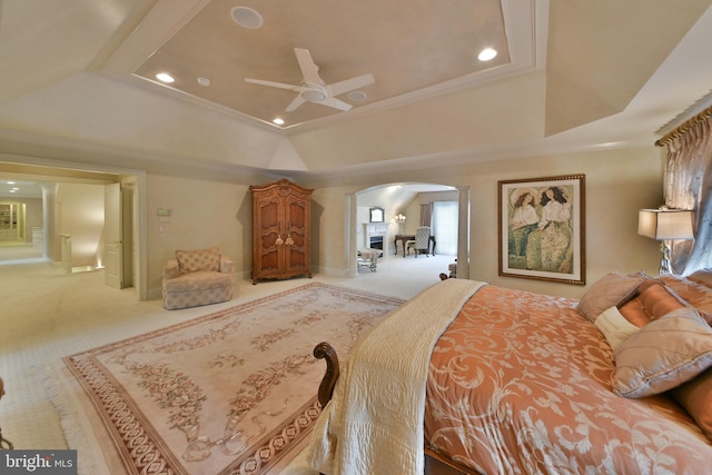 1389 Lamplighter Cir, Gwynedd, PA 19436 - carpeted bedroom featuring arched walkways, crown molding, lofted ceiling, ornate columns, and recessed lighting