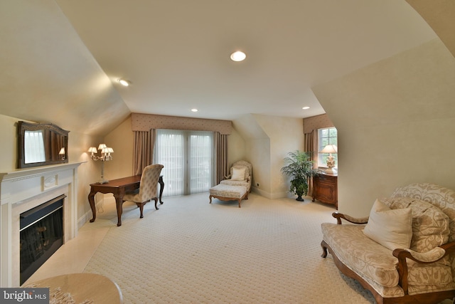 1389 Lamplighter Cir, Gwynedd, PA 19436 - living area featuring lofted ceiling, baseboards, carpet, a fireplace, and recessed lighting