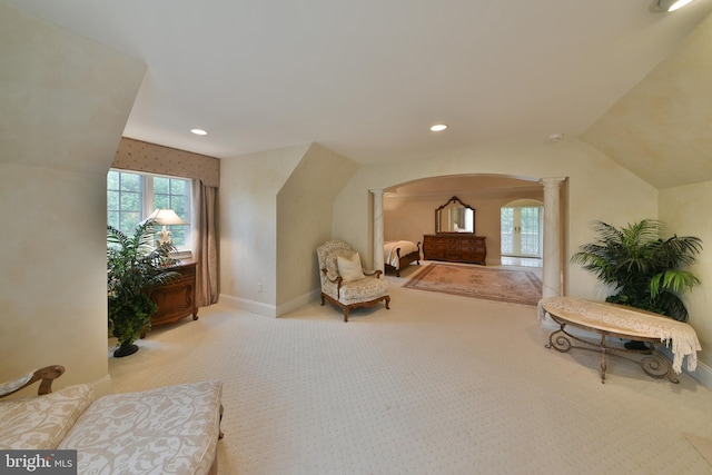 1389 Lamplighter Cir, Gwynedd, PA 19436 - living area with arched walkways, decorative columns, carpet floors, baseboards, and recessed lighting