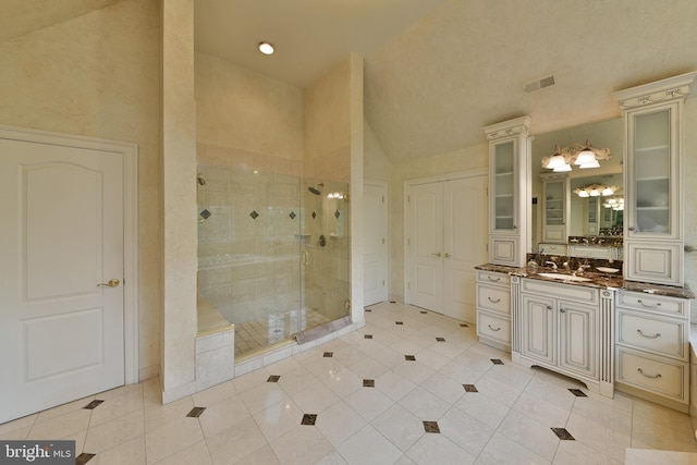 1389 Lamplighter Cir, Gwynedd, PA 19436 - bathroom featuring tile patterned floors, a shower stall, vanity, and high vaulted ceiling