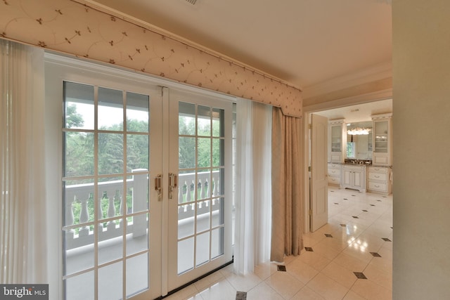 1389 Lamplighter Cir, Gwynedd, PA 19436 - doorway with french doors, light tile patterned floors, plenty of natural light, and crown molding