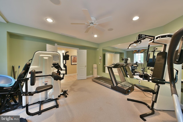 1389 Lamplighter Cir, Gwynedd, PA 19436 - exercise area featuring a ceiling fan, recessed lighting, carpet floors, and baseboards