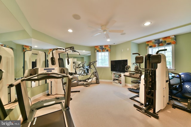 1389 Lamplighter Cir, Gwynedd, PA 19436 - exercise room featuring baseboards, a ceiling fan, carpet flooring, and recessed lighting